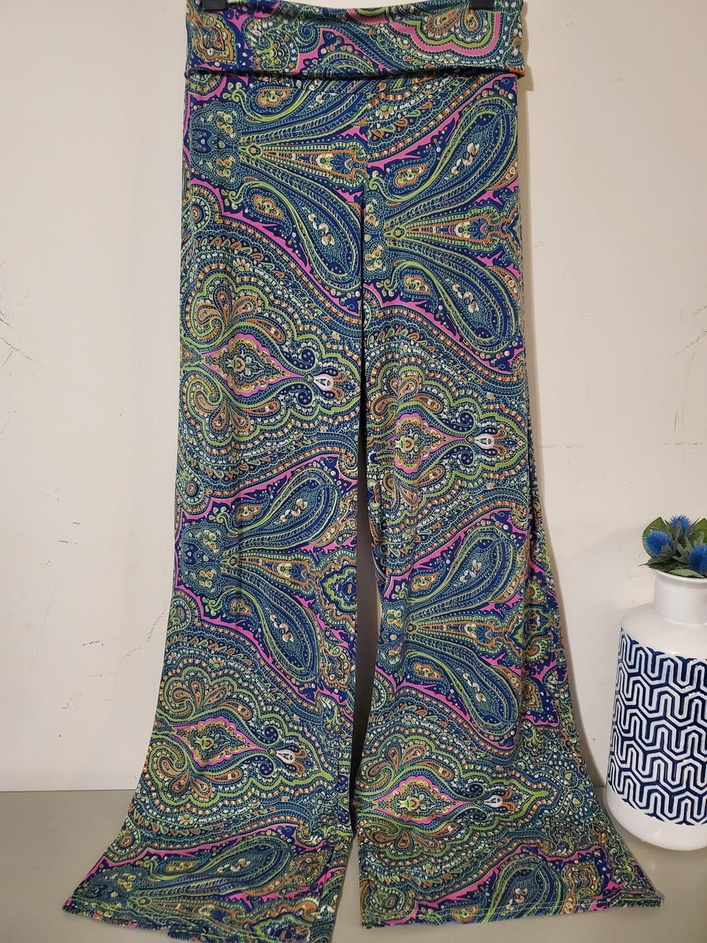 Boho Paisley Print Flared Lounge Pants Fold Over Top